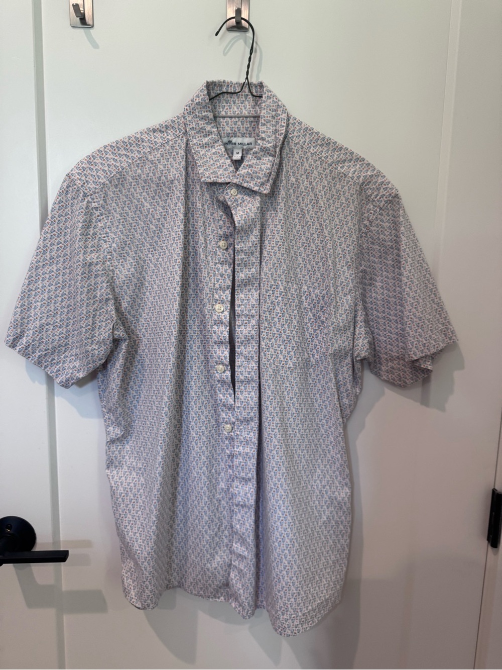 Peter Millar Short-Sleeve Button-Down Shirt in White & Blue Microprint